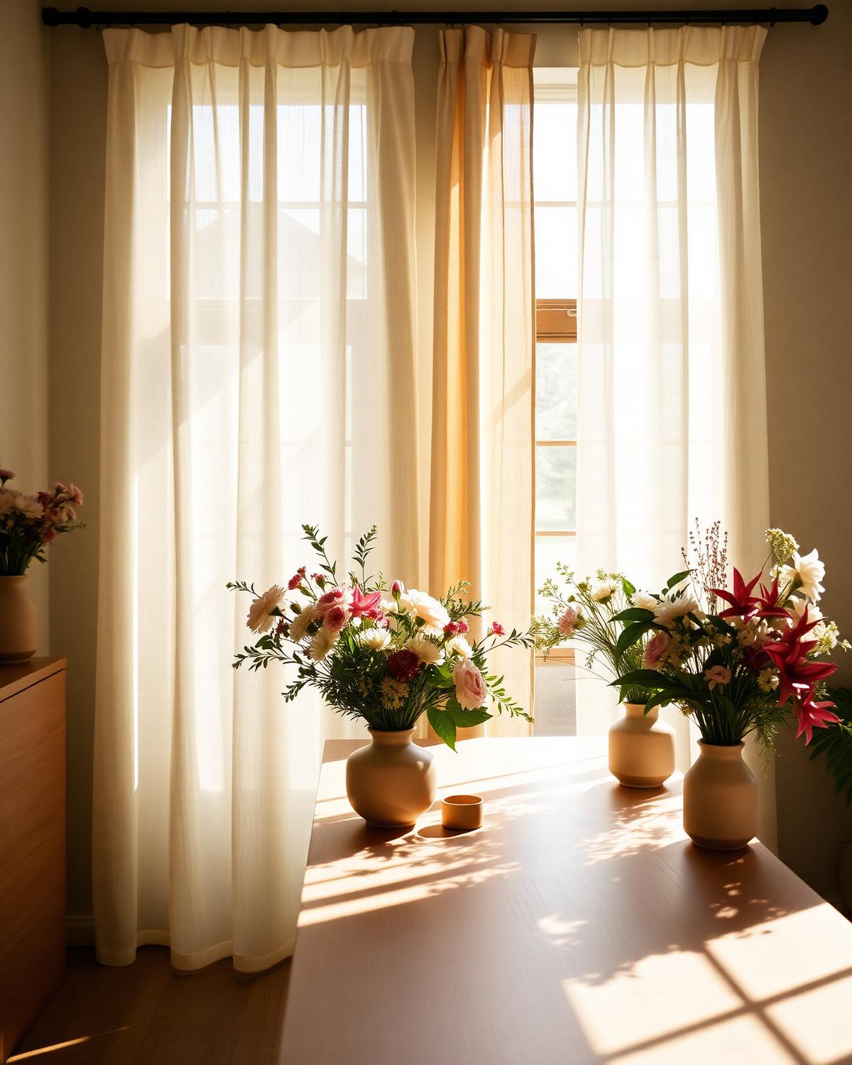 Arranjos de flores em vasos sobre uma mesa, iluminados por luz natural